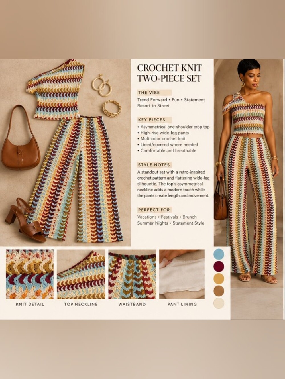 Commense Multicolor Crochet Knit Wide-Leg Pants
